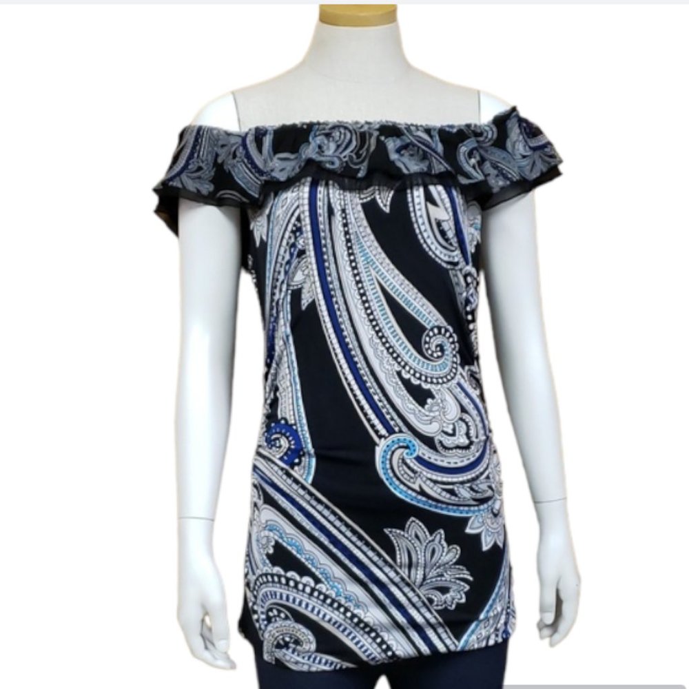 WHBM Tunic Top S Off Shoulder Paisley Ruffle Boho Black Blue White House Black